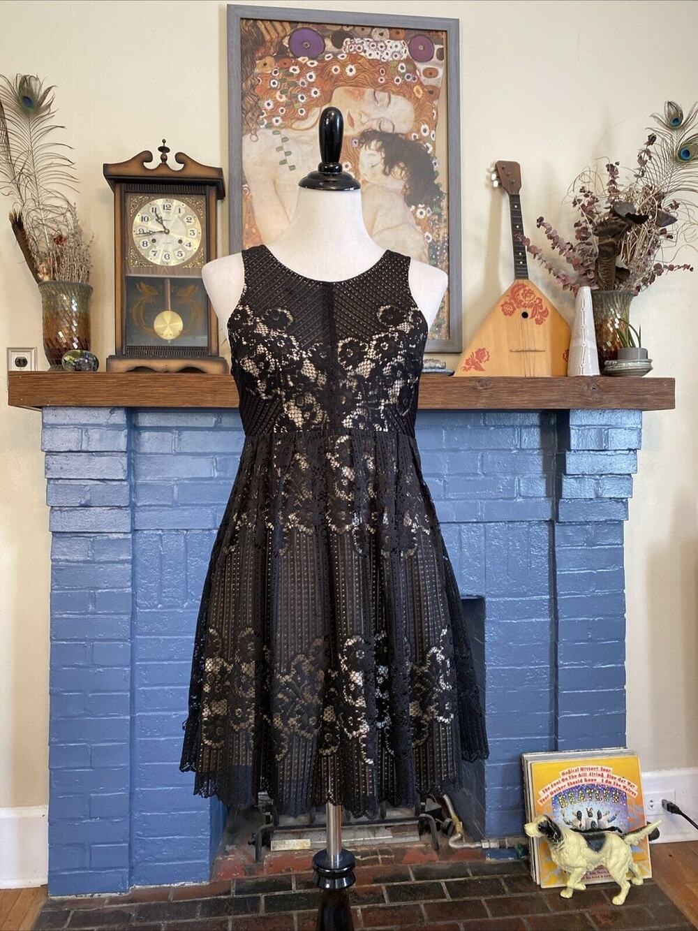Free People Rocco Dress Black Lace Overlay Sleeveless Open Back Sz 4 Mini Sheer